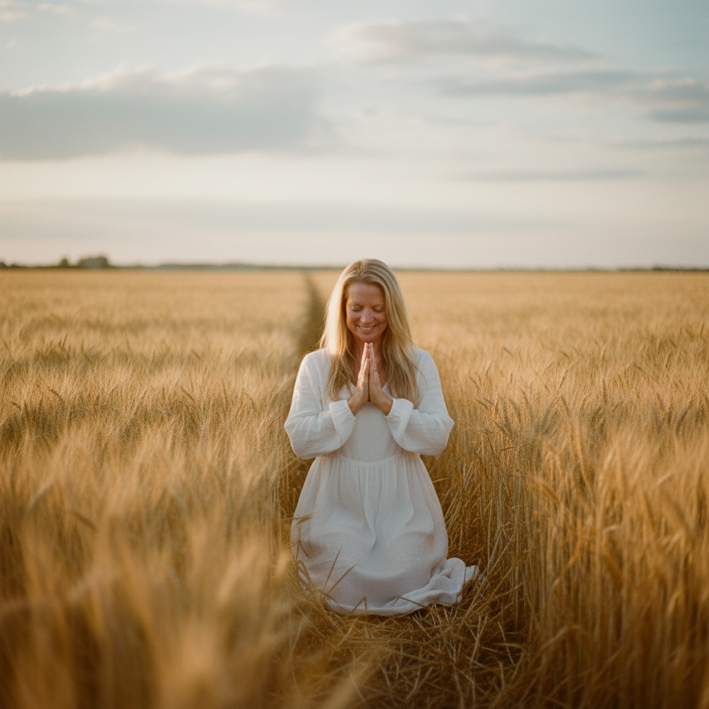 Woman in yoga prayer pose at sunrise