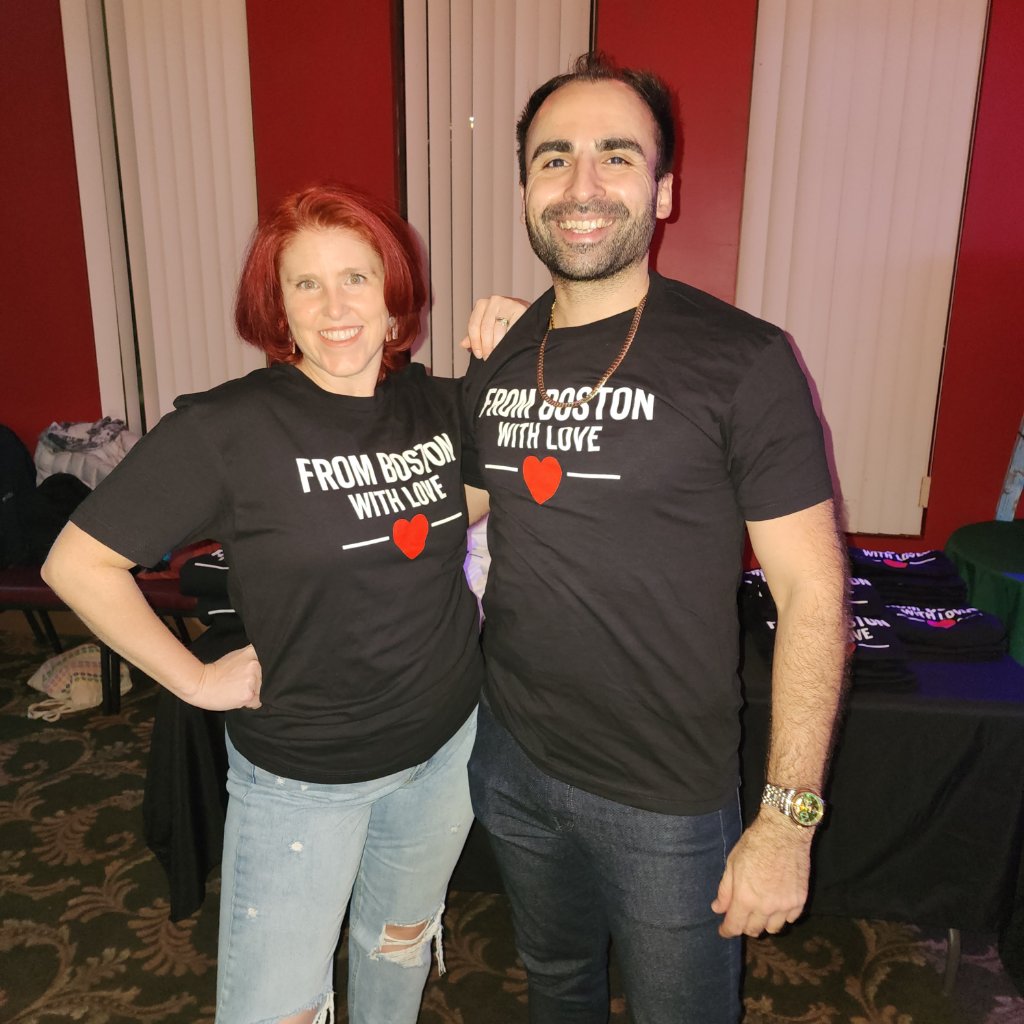 Two FBWL members in From Boston With Love shirts