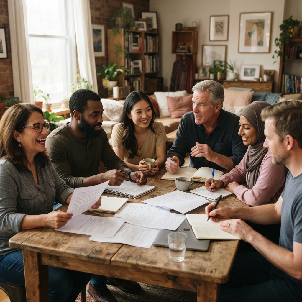 A diverse group of adult writers of different ethnicities and genders discussing manuscripts in a writing circle