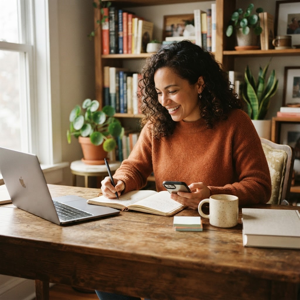 A female author of color preparing to promote and launch her book with a laptop, notebook, and a physical hardcover book in warm natural light