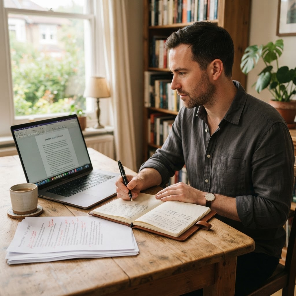 A male author working on a book with a laptop, notebook, and printed manuscript pages in warm natural light