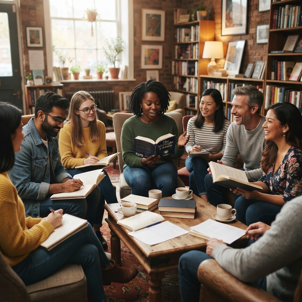 A diverse group of adult men and women, including at least one Black woman, participating in a reading and writing circle with books, manuscripts, and notebooks