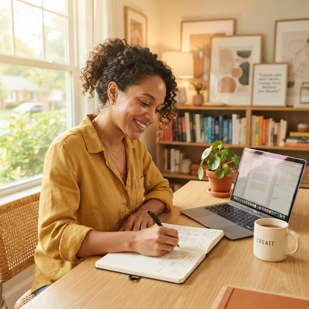 A light-skinned Black woman writer working at her desk with a notebook and laptop in warm natural light