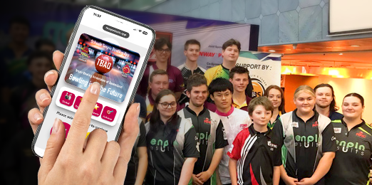 TBAQ Schools app shown on a phone with bowling group