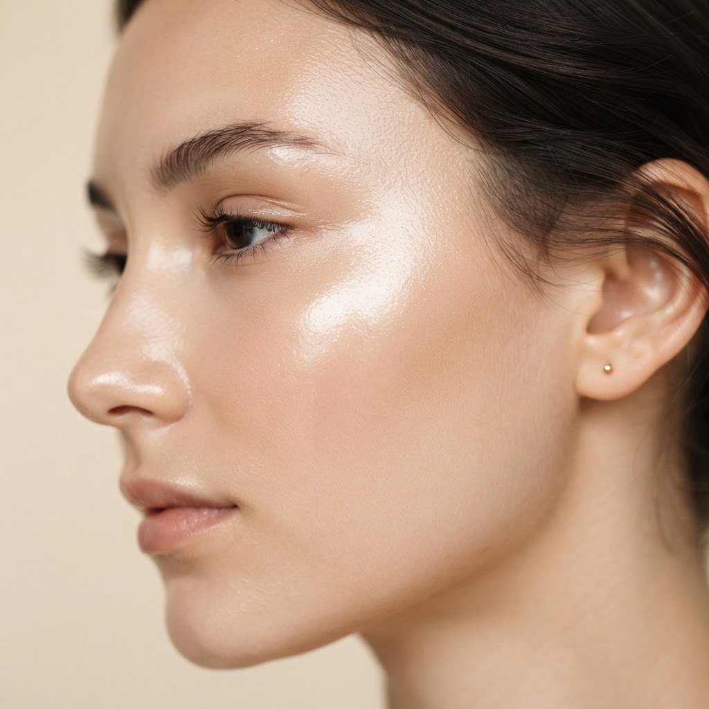 Luminous, hydrated glass skin reflecting light along the cheekbone — the finish of LaseMD Ultra and microneedling at Skiin Clinics Manchester
