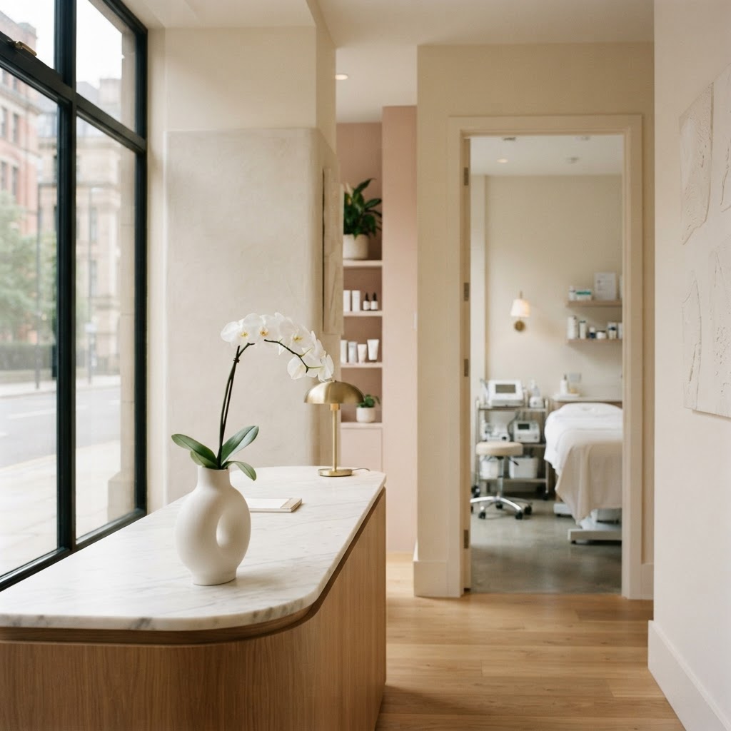 The calm, minimalist interior of Skiin's doctor-led skin clinic in Manchester's Northern Quarter