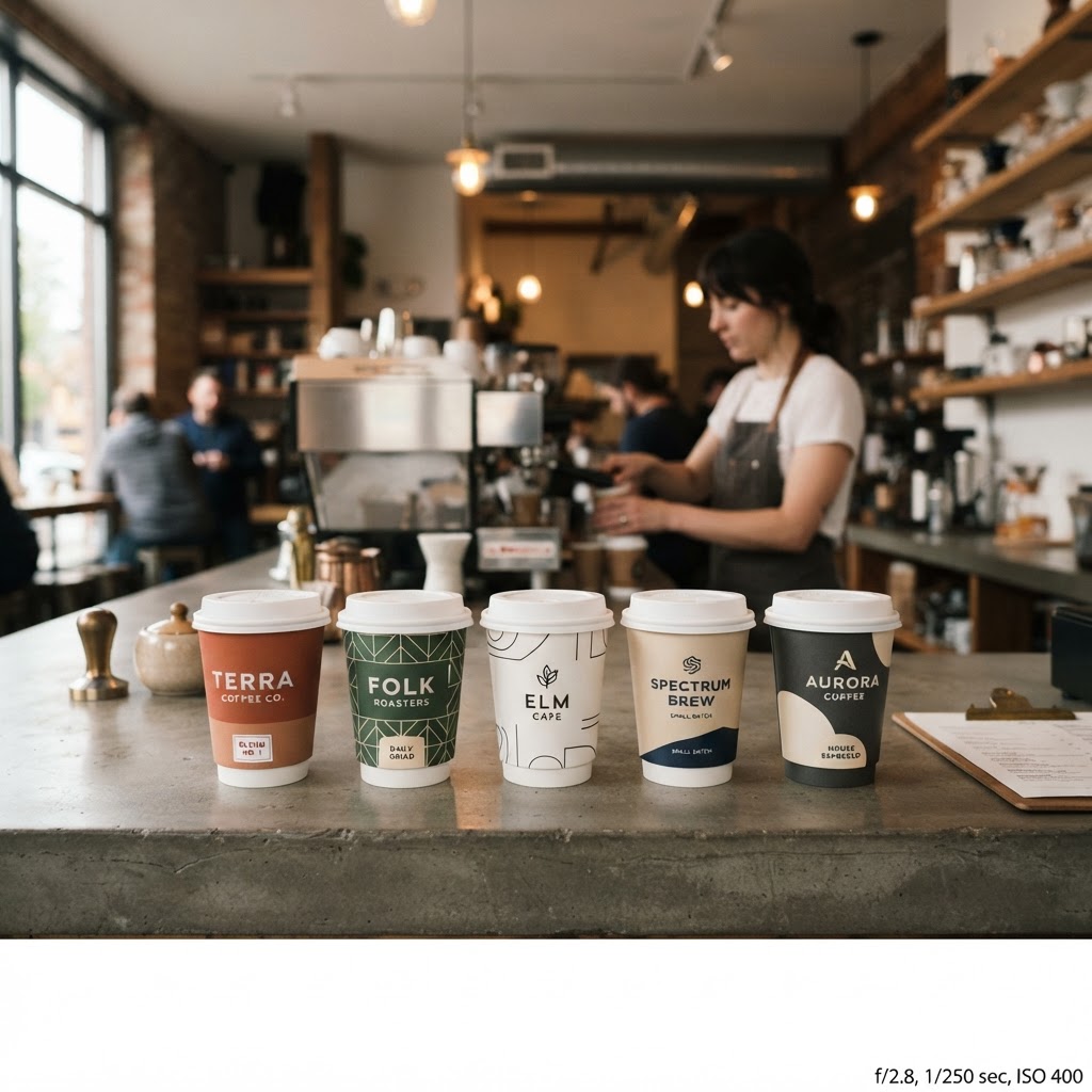 Premium branded paper coffee cups in a modern independent coffee shop