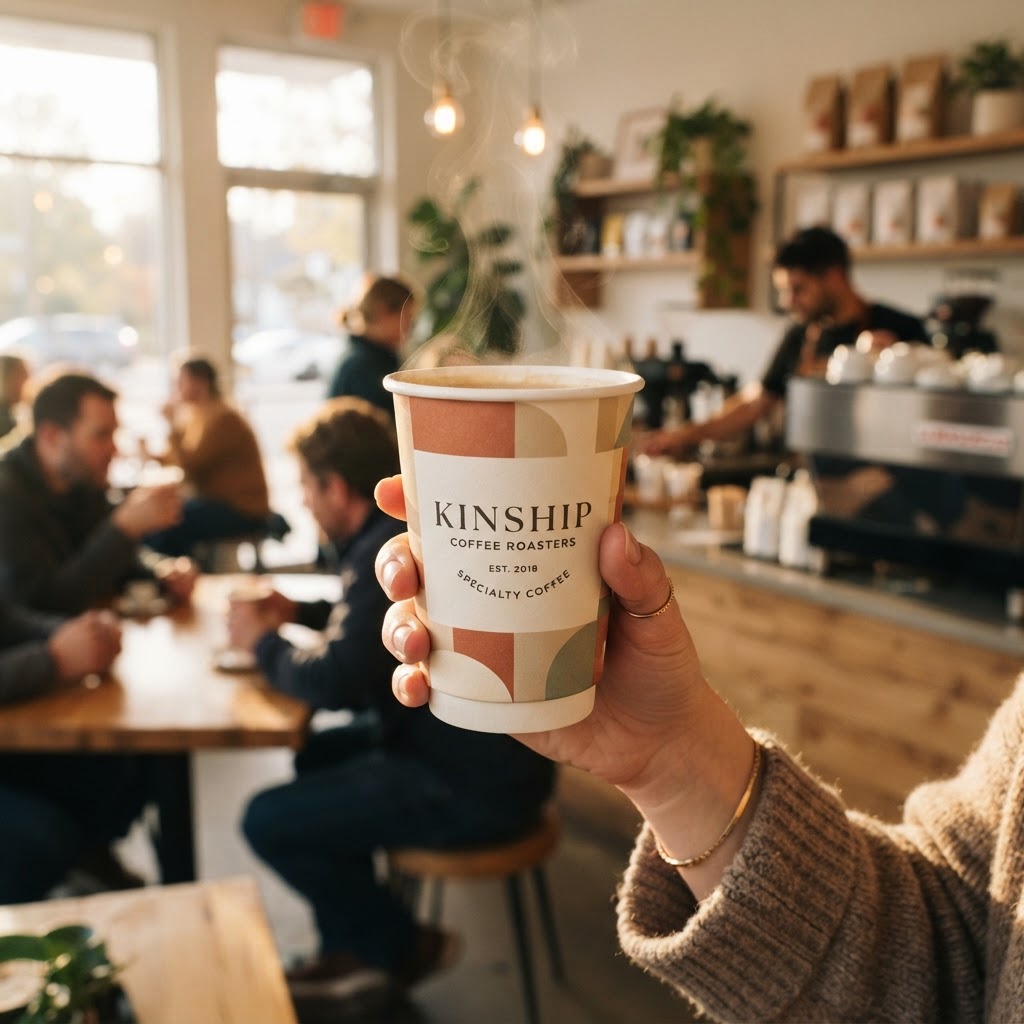Beautifully branded premium paper coffee cup held in hand