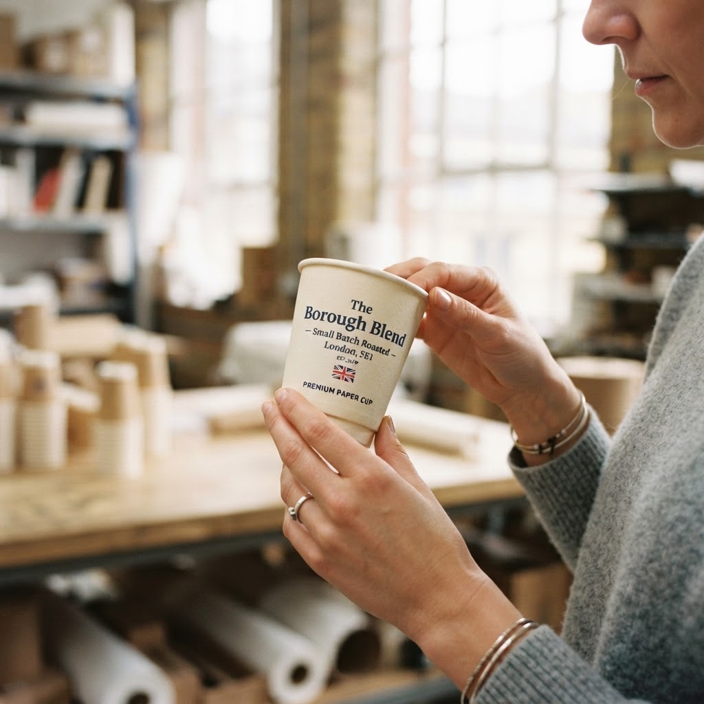 Hands inspecting a freshly printed premium paper coffee cup in a bright UK manufacturing space