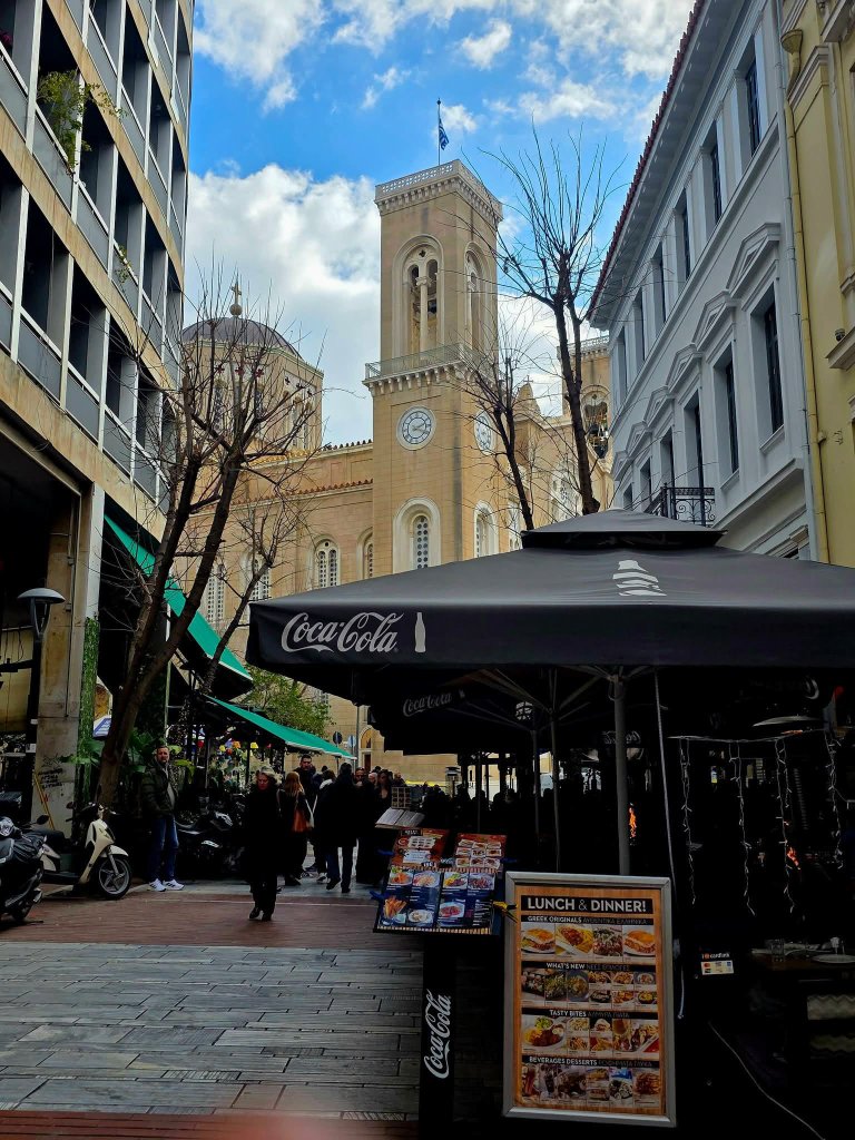 Athens city street with Metropolitan Cathedral