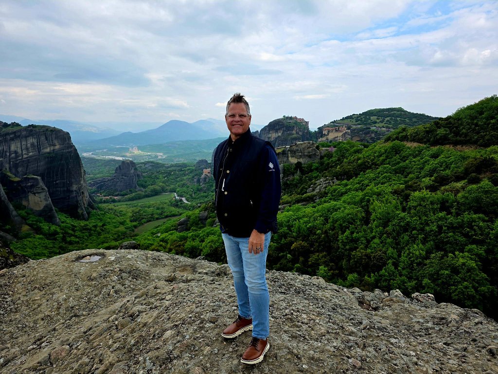 Pastor at Meteora — panoramic monastery view
