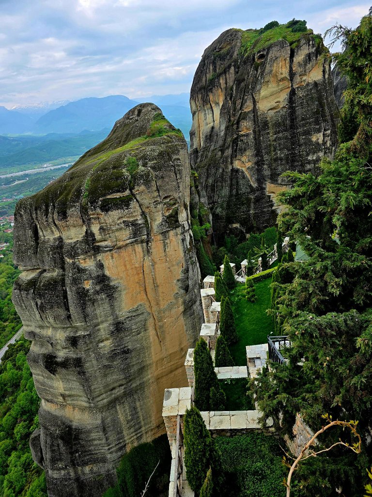 Meteora cliffs and monastery gardens