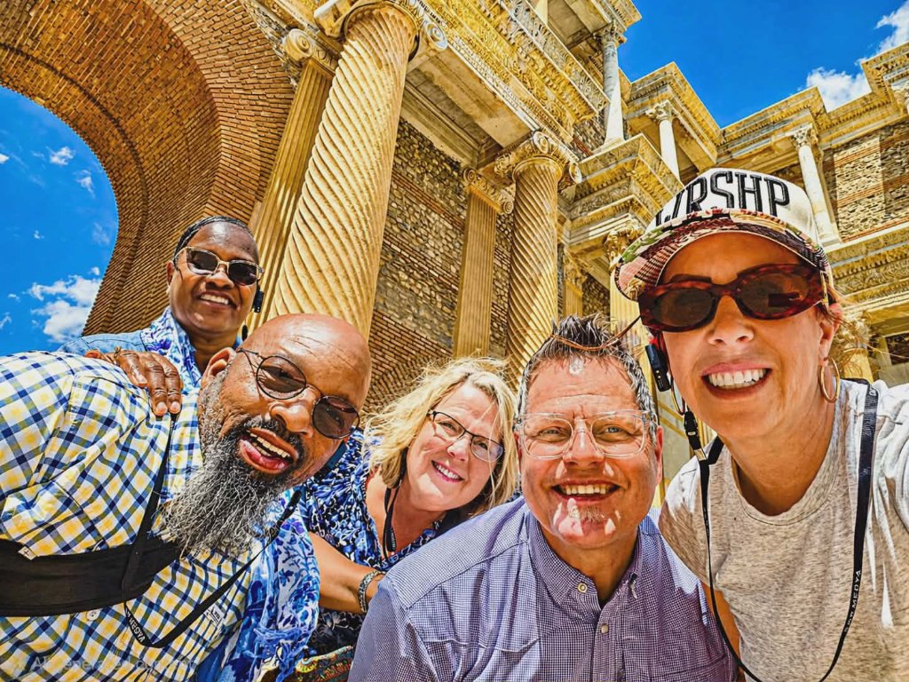 Group selfie at the Library of Celsus, Ephesus