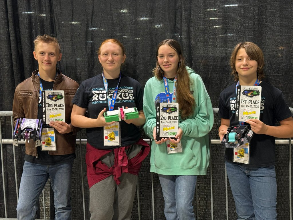 Team celebrating with trophies at Maker Faire Miami