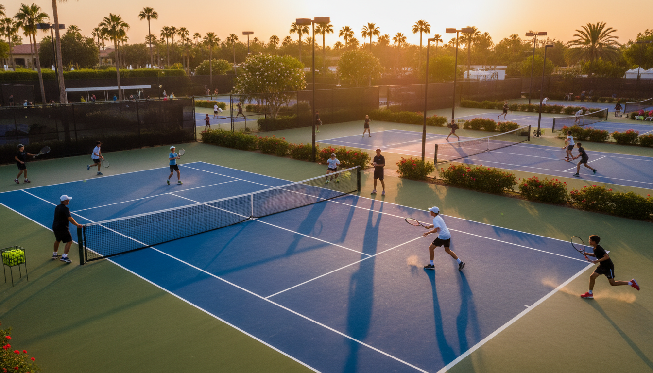 Tennis academy courts at golden hour