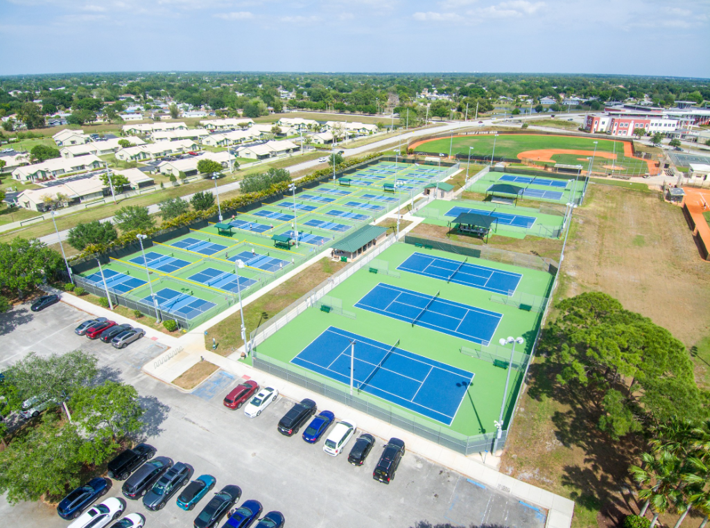 Aerial view of the tennis courts at Whispering Pines Park