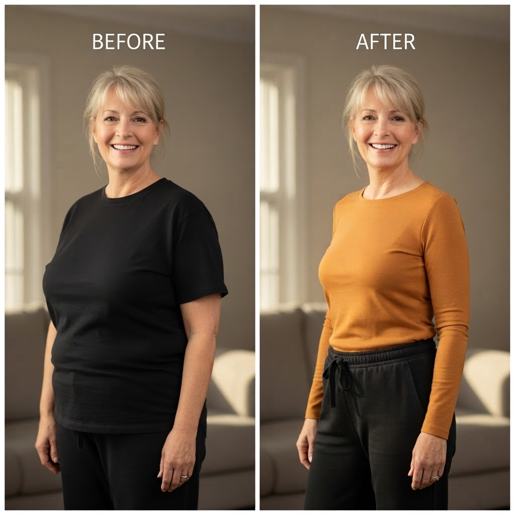 Before and after showing a realistic 12-pound weight loss transformation for a woman 50+