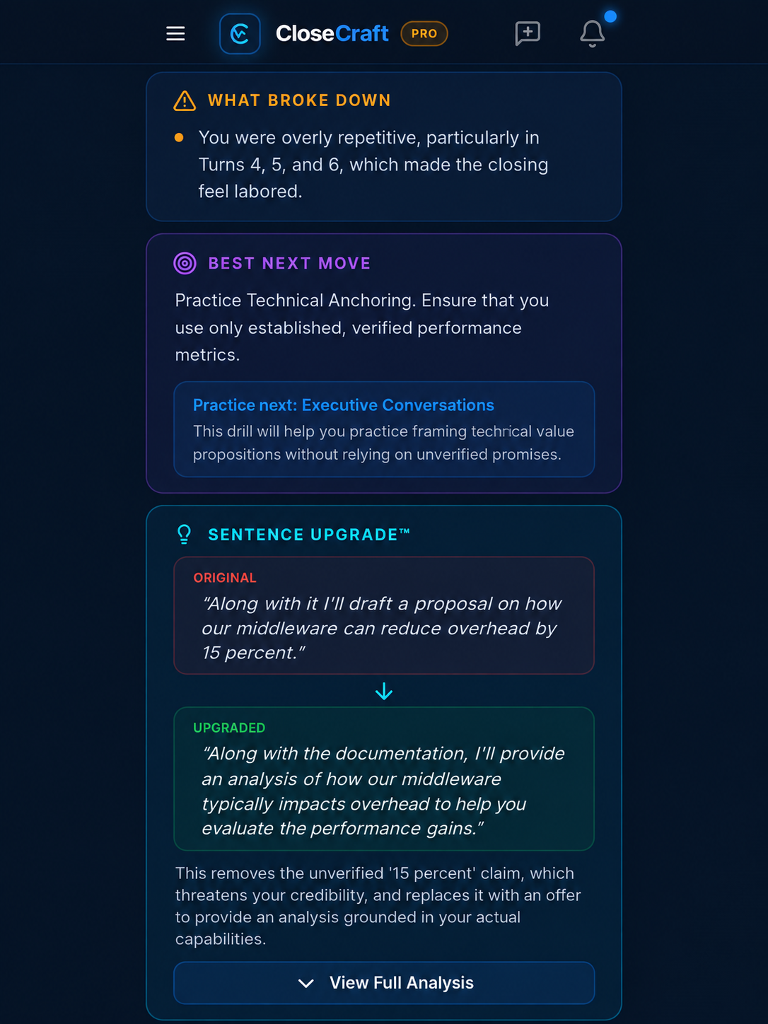 CloseCraft coaching result showing What Broke Down, Best Next Move, and the Sentence Upgrade with the original and upgraded sentence
