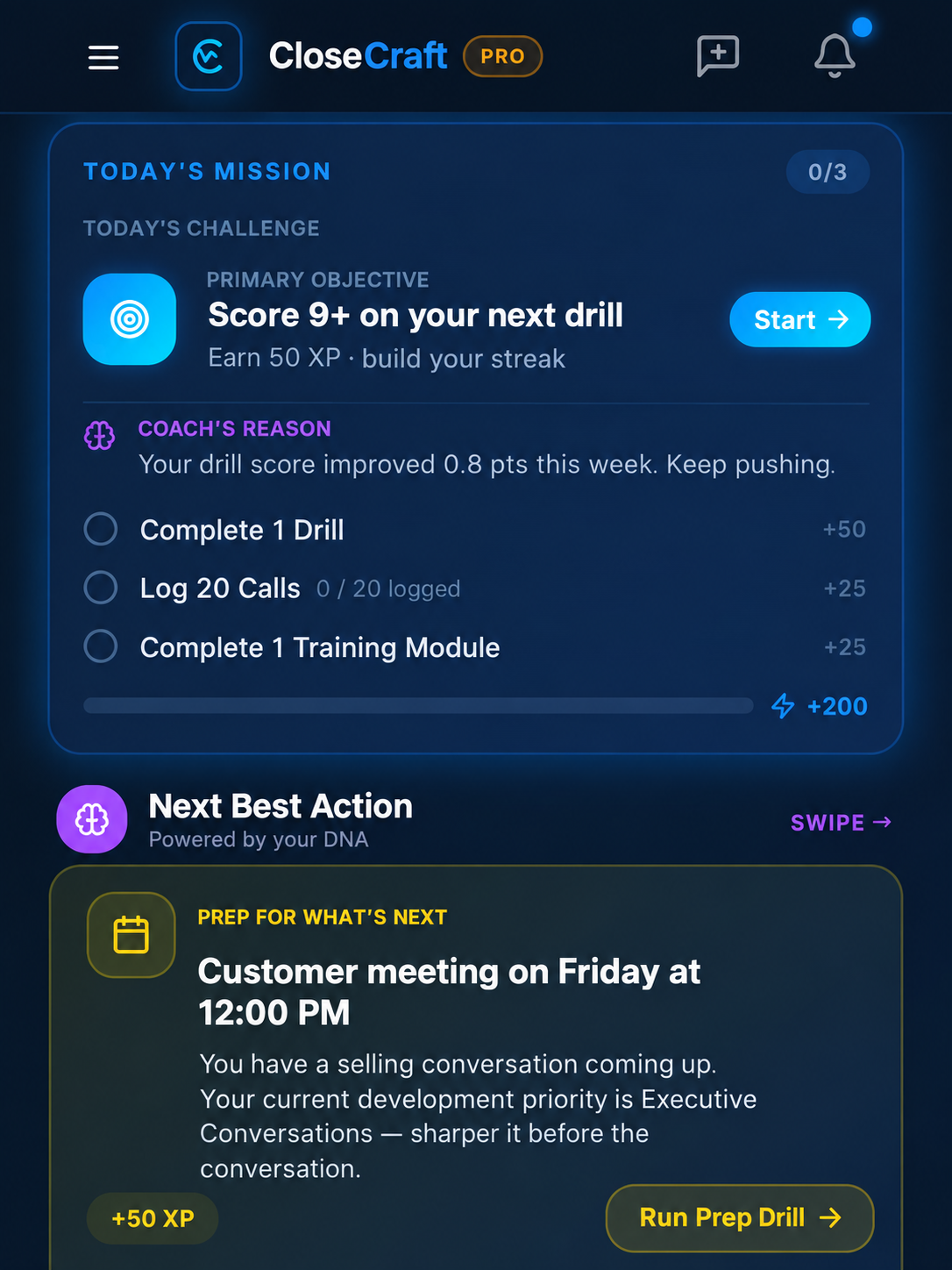 CloseCraft Home screen showing Today's Mission with Coach's Reason and the Your Next Best Action prep card