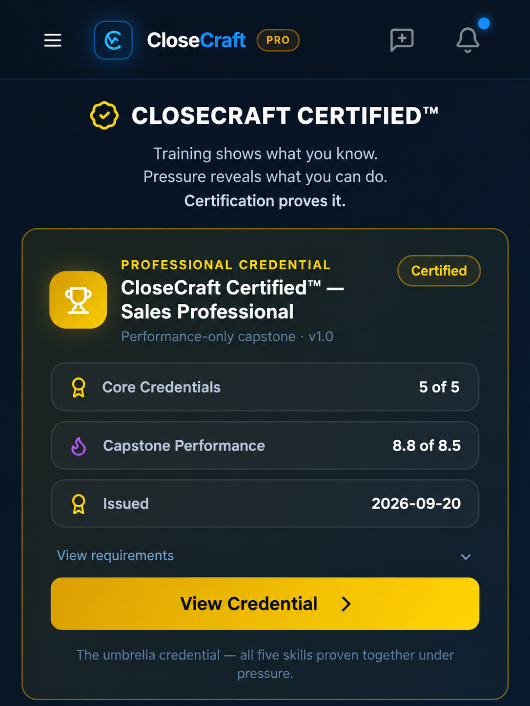 CloseCraft Certified Sales Professional credential status showing Core Credentials 5 of 5 and Capstone Performance 8.8 of 8.5