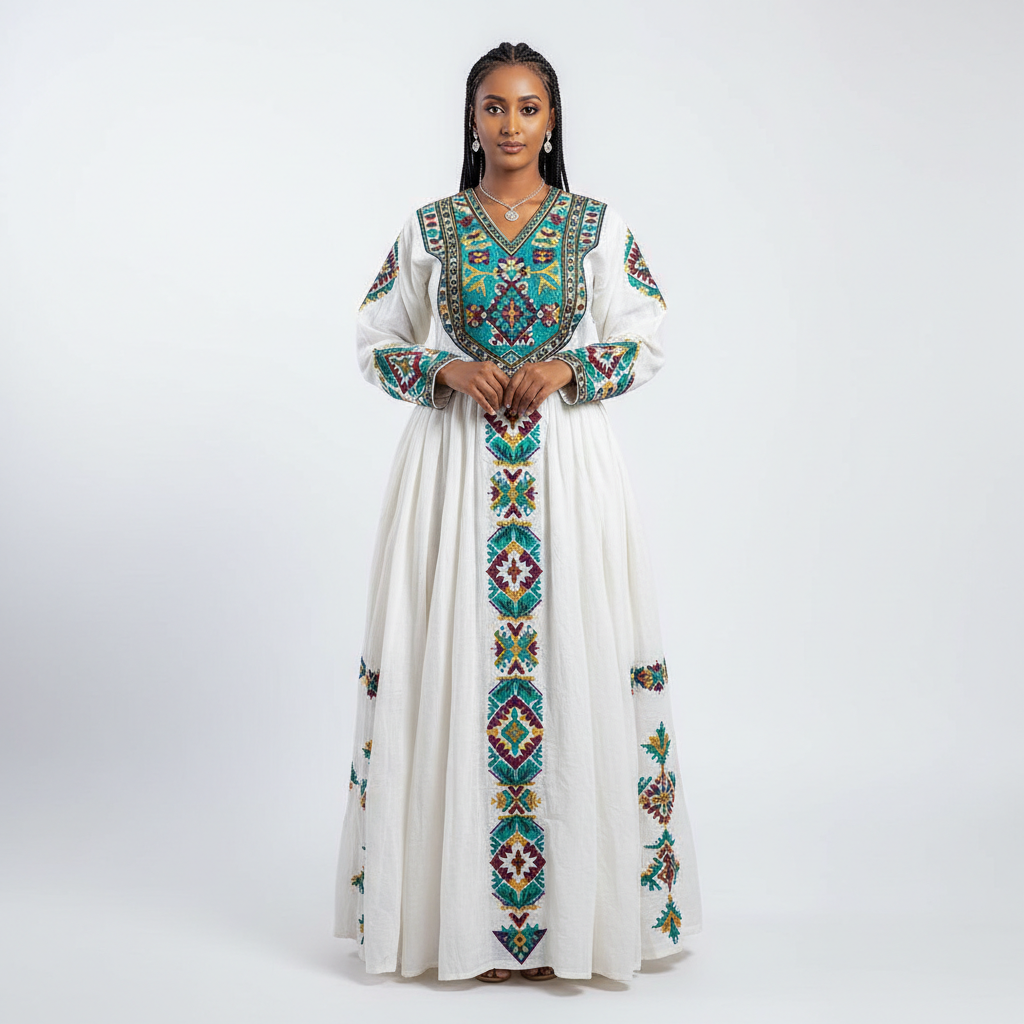 Gonder Style Habesha Kemis – Colorful Chest Embroidery – Habesha Kemis, Gondar | TibebShop