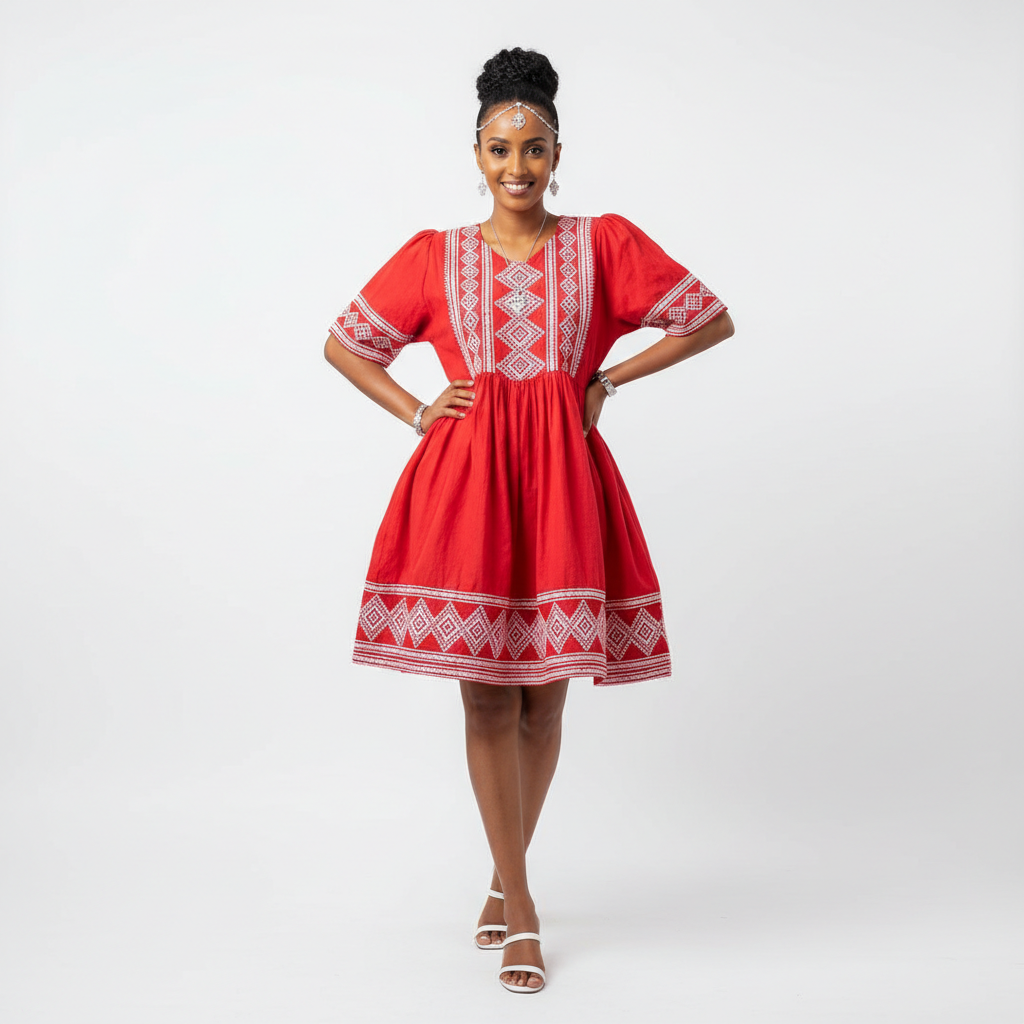 Red Short Habesha Dress – Modern Summer Kemis – Modern Fusion, Addis Ababa | TibebShop