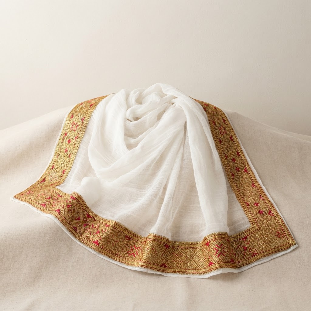Gold-Trim Wedding Netela Shawl – Wedding Collection, Addis Ababa | TibebShop