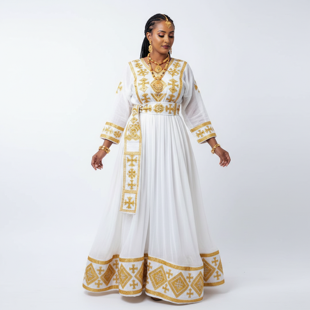 Habesha Kemis Wedding Dress – Golden Tibeb Embroidery – Habesha Kemis, Addis Ababa | TibebShop