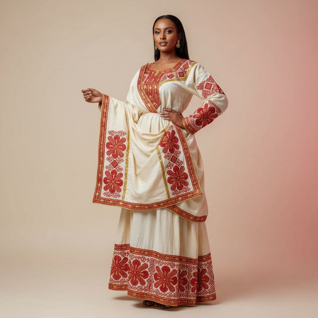 Elegant Cream & Red Ethiopian Kemis – Habesha Kemis, Addis Ababa | TibebShop
