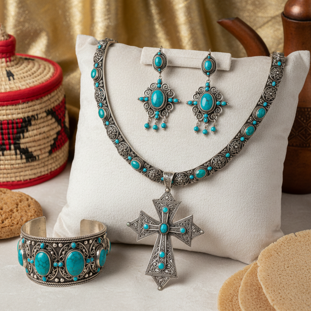 Ethiopian Bridal Silver & Turquoise Jewelry Set – Accessories, Addis Ababa | TibebShop