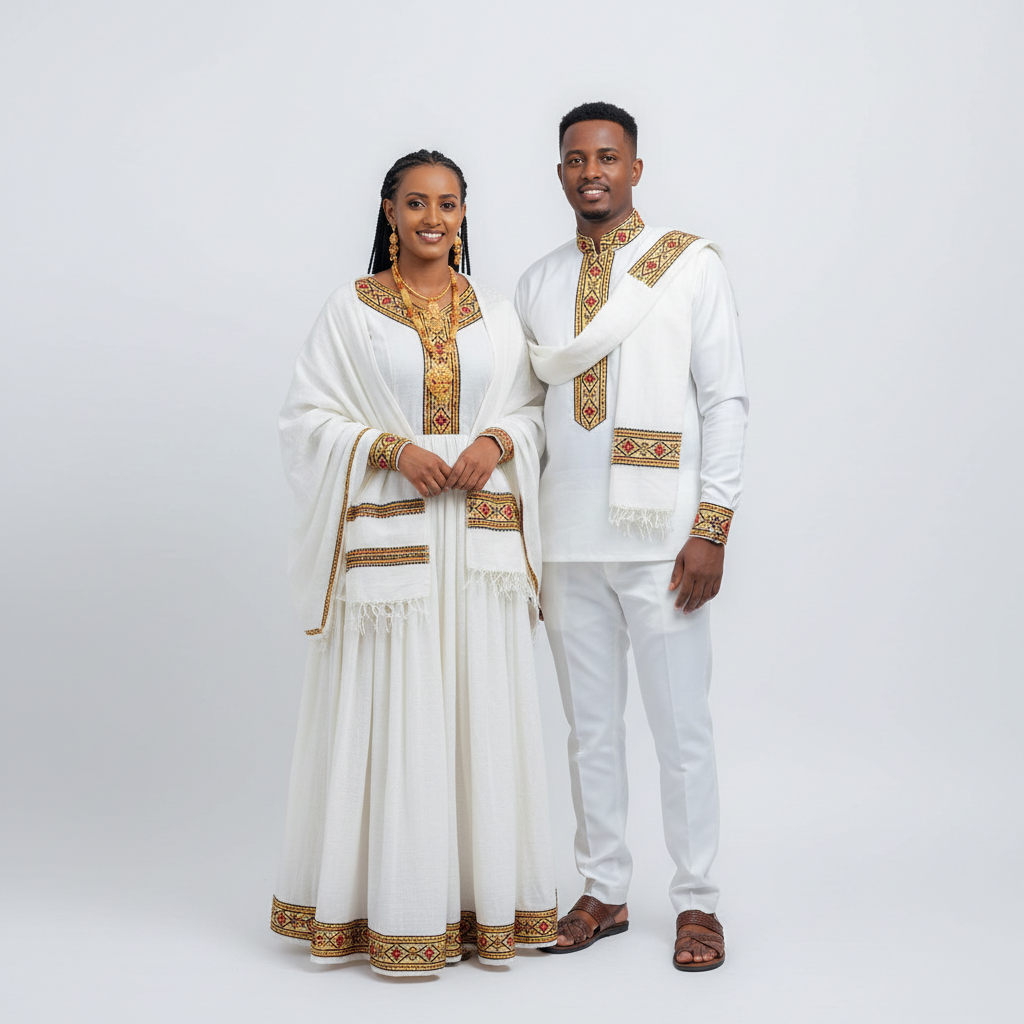 Ethiopian Couple Matching Traditional Outfit Set – Habesha Kemis, Addis Ababa | TibebShop