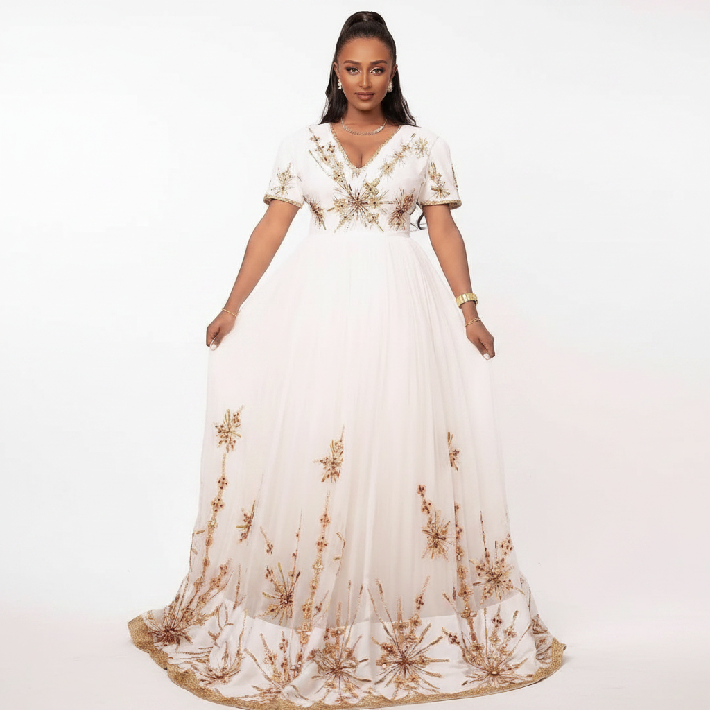 Handcrafted Habesha Kemis – White & Gold – Habesha Kemis, Addis Ababa | TibebShop