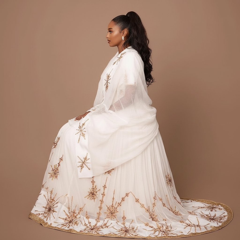 Sheer White Habesha Kemis with Gold Tibeb Embroidery – Habesha Kemis, Addis Ababa | TibebShop