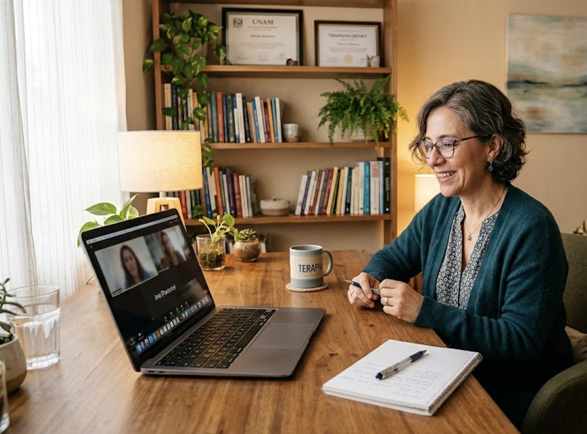 Terapeuta dando una sesión en línea desde su laptop en un consultorio cálido