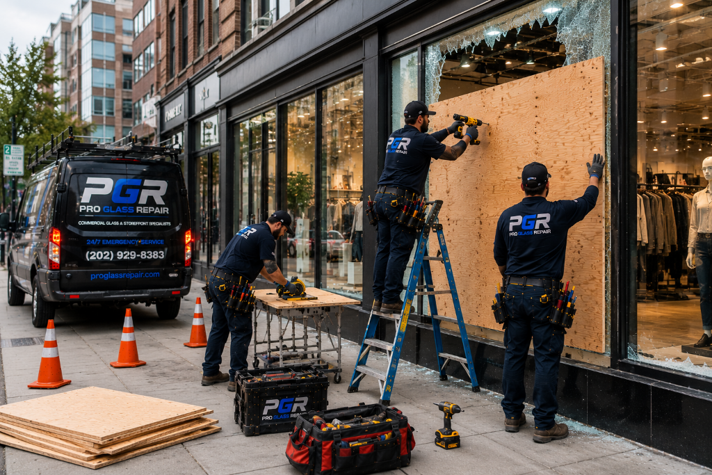 Emergency storefront glass board-up and repair by Pro Glass Repair