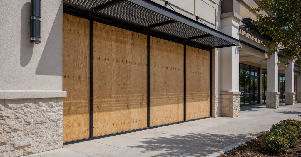 Storefront windows secured with emergency board-up by Pro Glass Repair