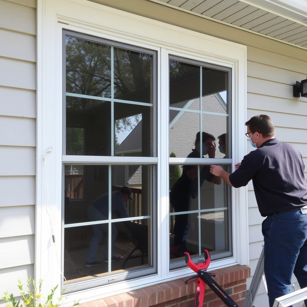 Technician on a ladder repairing a double-hung residential window