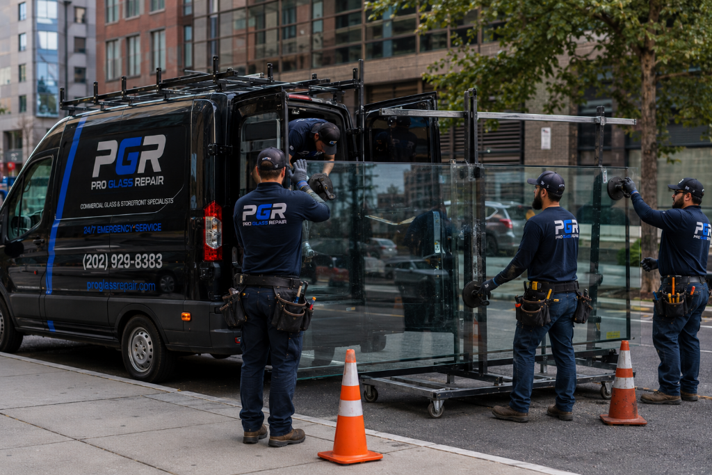 Pro Glass Repair crew installing a large glass pane from a branded service van on a city street