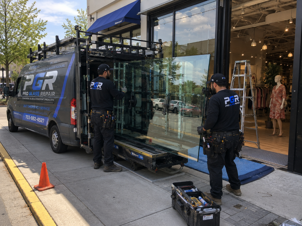 Technicians unloading a storefront glass pane from the van