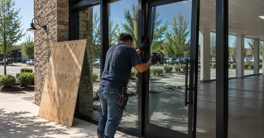Technician installing storefront glass same-day