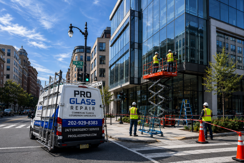 Pro Glass Repair technicians installing commercial storefront glass using a scissor lift outside a modern office building in Washington DC