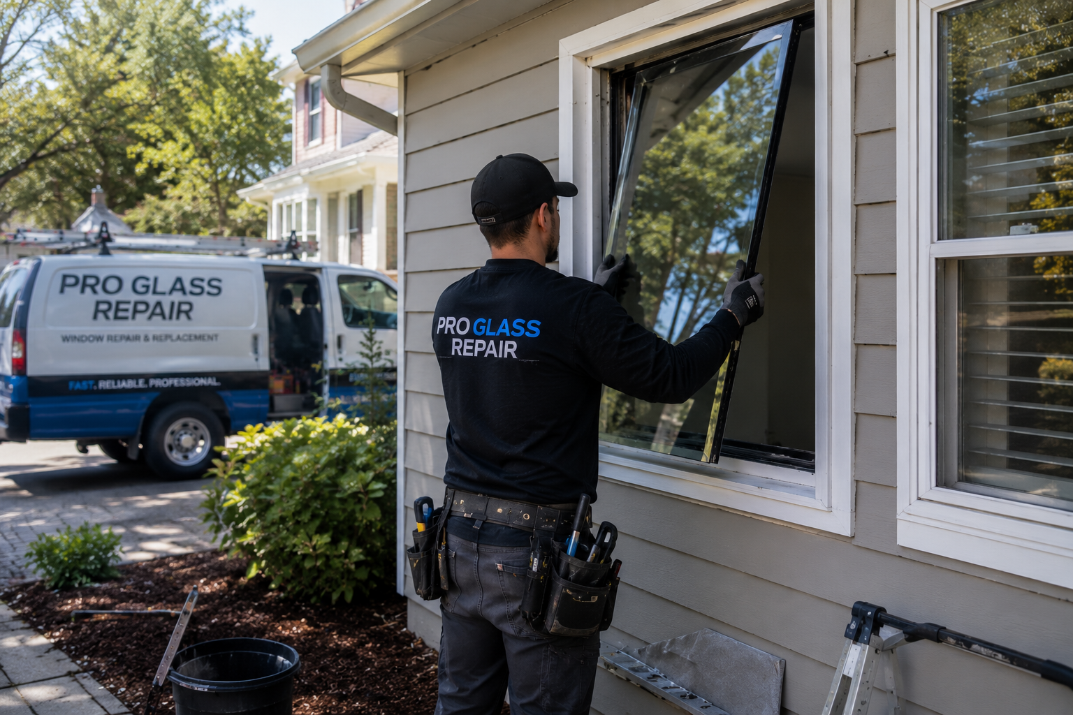 Pro Glass Repair technician installing a new pane in a residential window