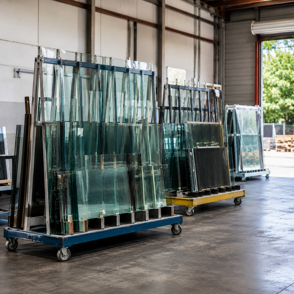 Standard glass sizes stocked on rolling A-frame racks in the Pro Glass Repair warehouse