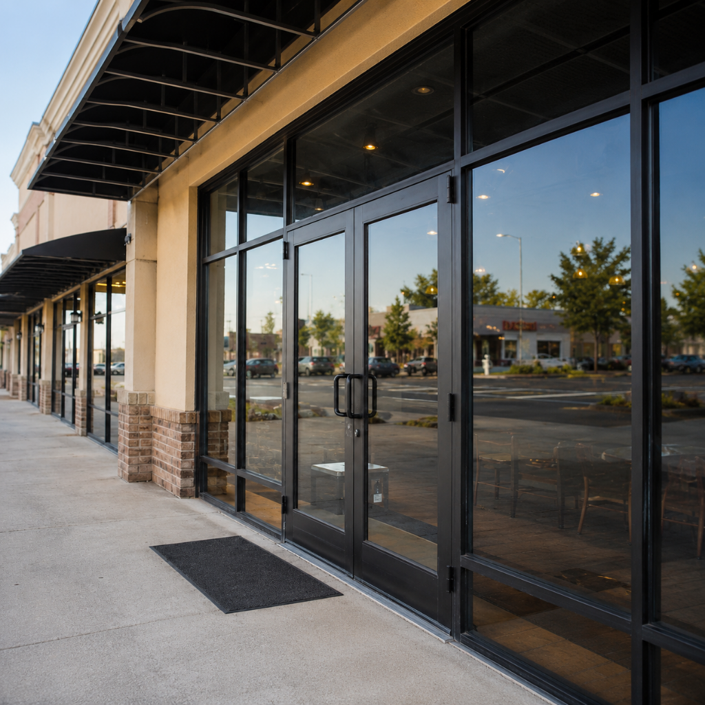 Repaired glass entry at a restaurant strip mall