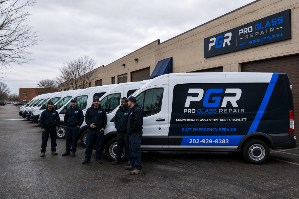 Pro Glass Repair crew and service vans ready for emergency board-up calls