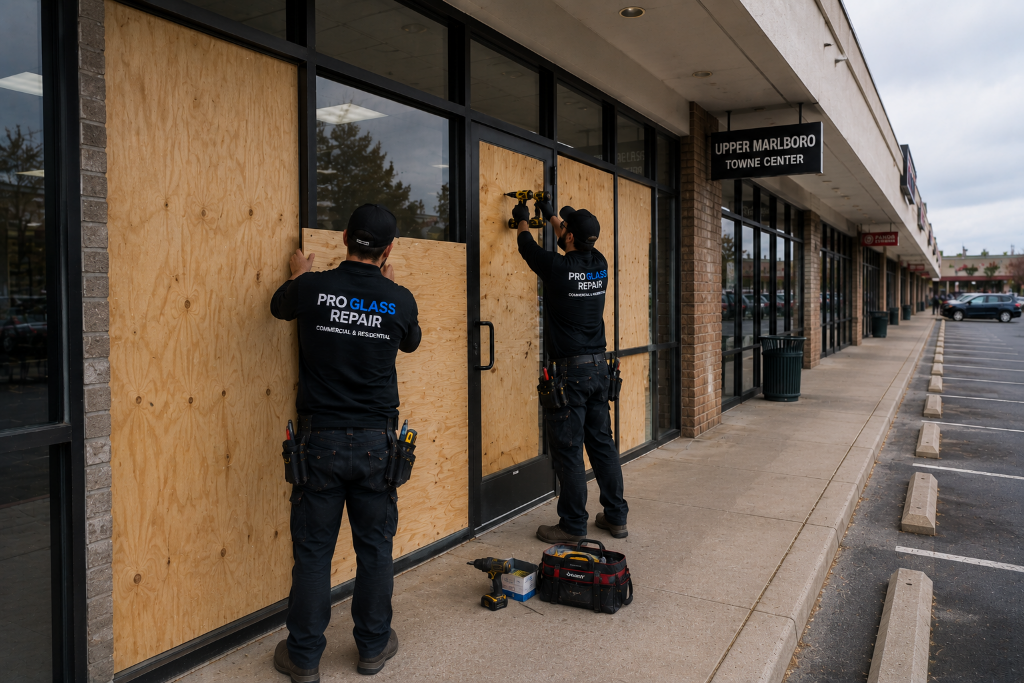 Emergency board-up in place on a storefront