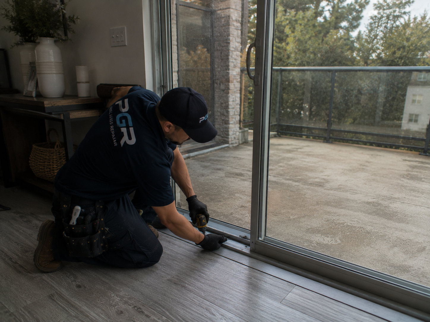 Technician repairing a sliding glass door track in a home