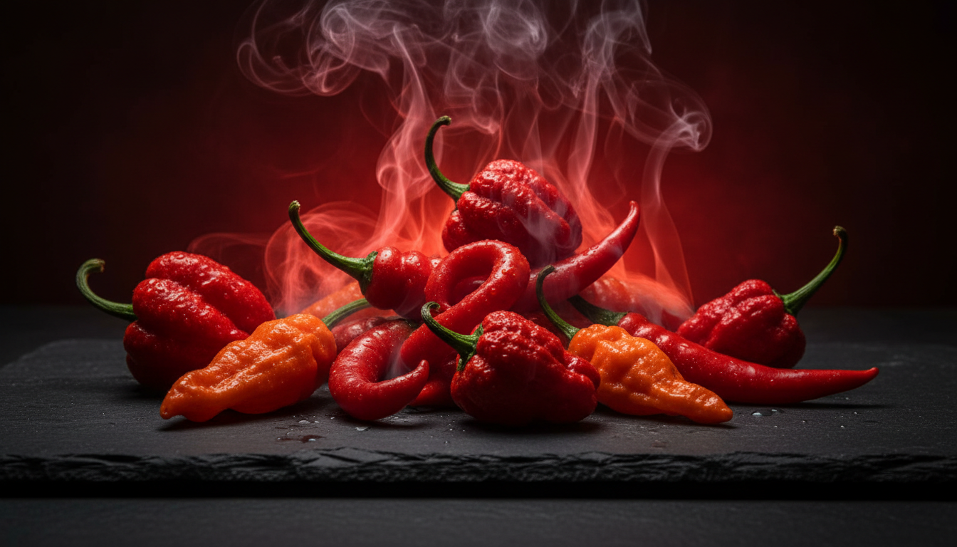 Trinidad Scorpion, Carolina Reaper and Ghost peppers on dark surface