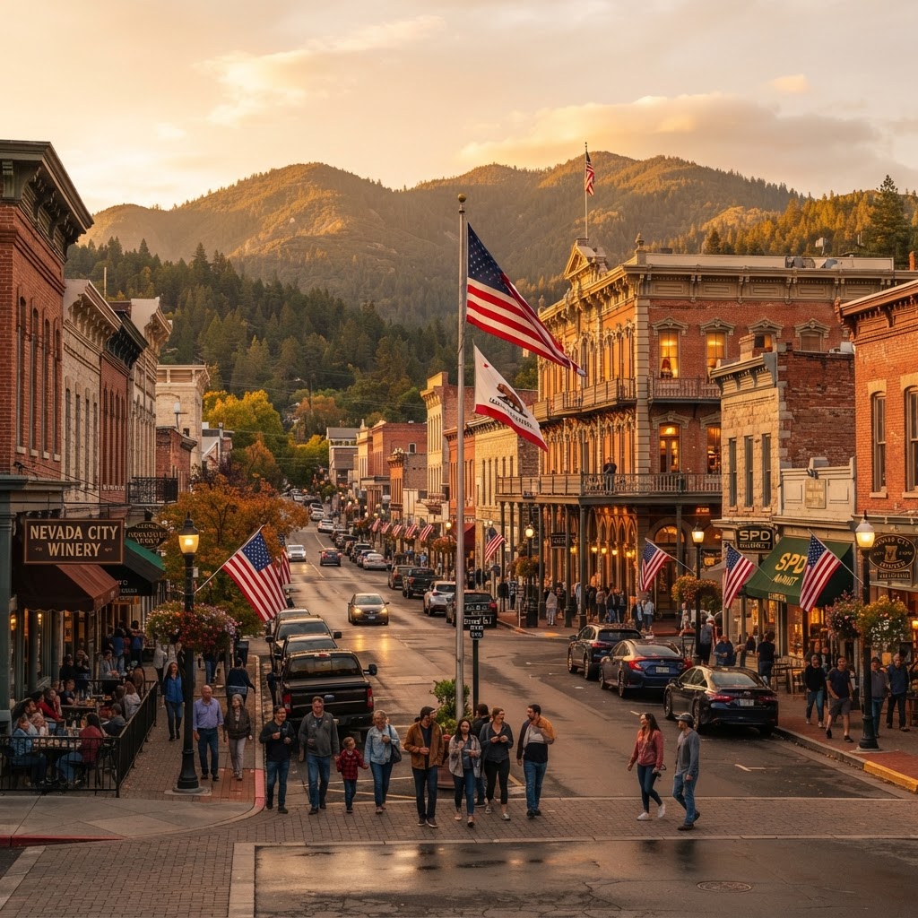Historic downtown Nevada City, California at golden hour
