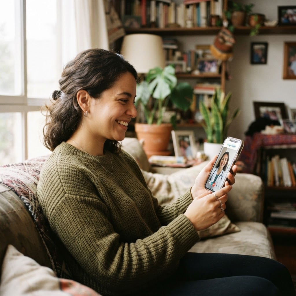 A woman at home having a multilingual telehealth video visit with a HolaVida Health clinician